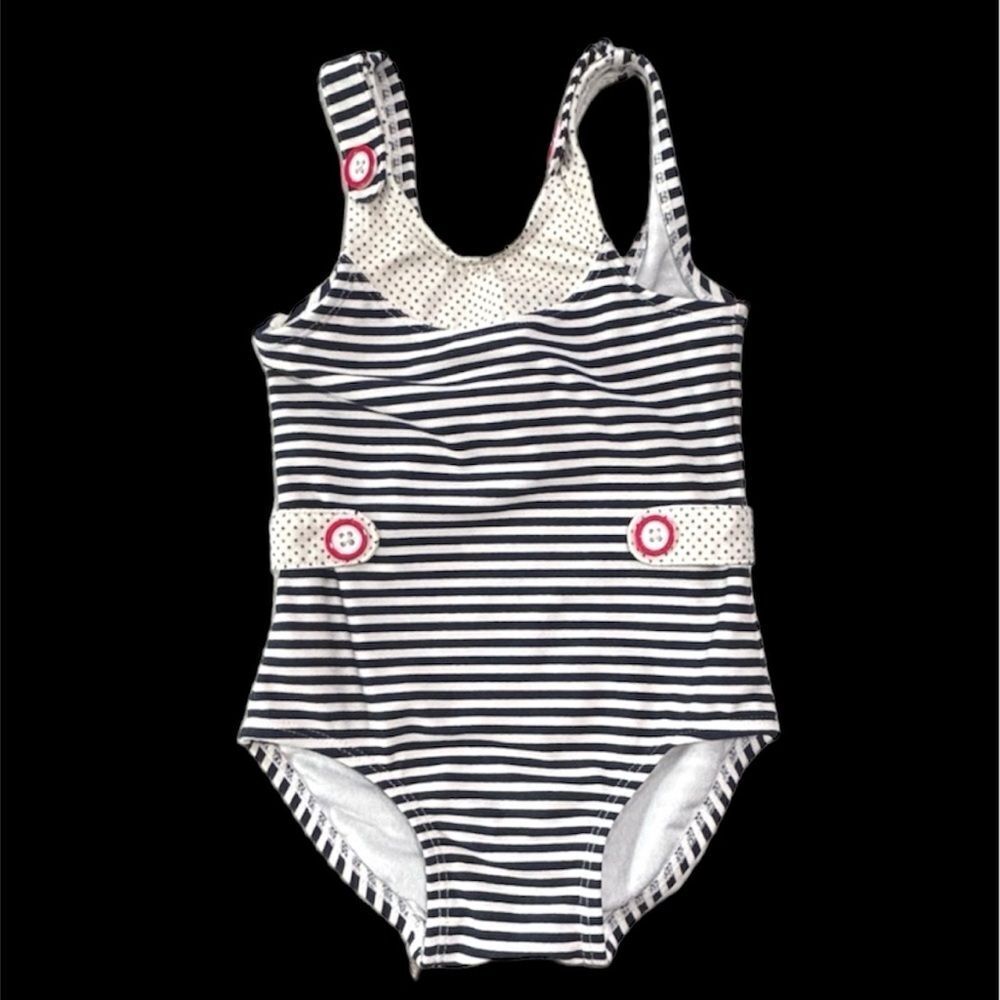 Janie And Jack One-Piece Swimsuit Nautical Stripes Polka Dot Buttons Size 12-18M